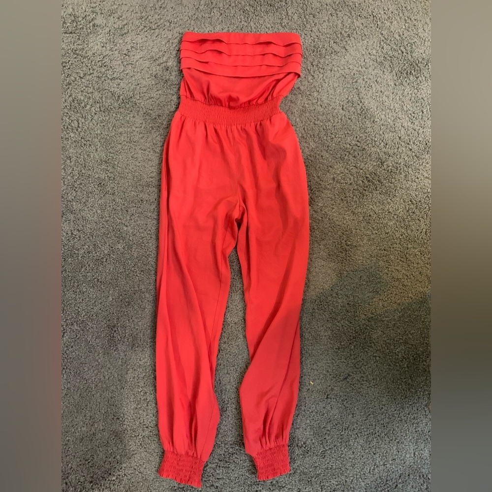 BEBE-Size XXS-Coral Halter Silk Romper/Bodysuit w/ Pleated Top-LIKE NEW